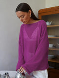 Spring Summer Hollow Knitted Oversized Sweater T Shirt Round Neck Long Sleeves Tops Loose Elegant Pullover for Women Clothing