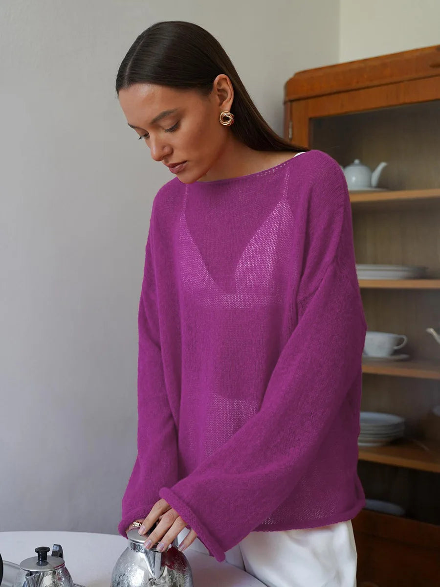 Spring Summer Hollow Knitted Oversized Sweater T Shirt Round Neck Long Sleeves Tops Loose Elegant Pullover for Women Clothing