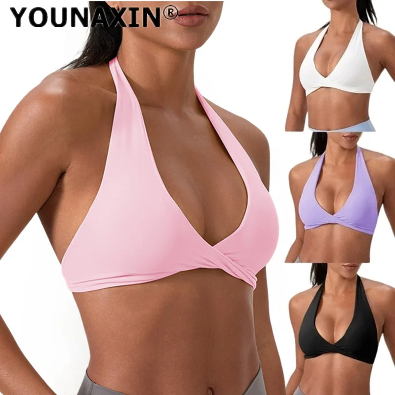 Sports Yoga Bra For Women Underwear Sportswear Halter Neck With Stylish Back Sexy Gym Bra With Cups Running Fitness Backless Top