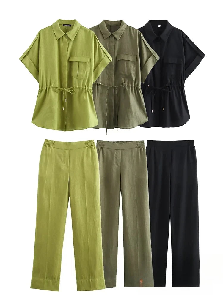 KONDALA Vintage Casual Solid Women Suit Single Breasted Short Sleeve Shirt Loose Long Pants Chic Fashion 2025 Summer Basics Sets