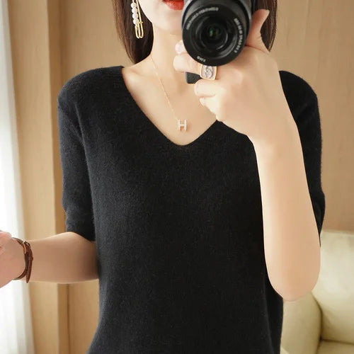 Women Sweater Casual Short Sleeve Pulls 2025 Spring Summer V-neck Knitwears Korean Fashion Shirts Tops Pullovers Soft Jumpers