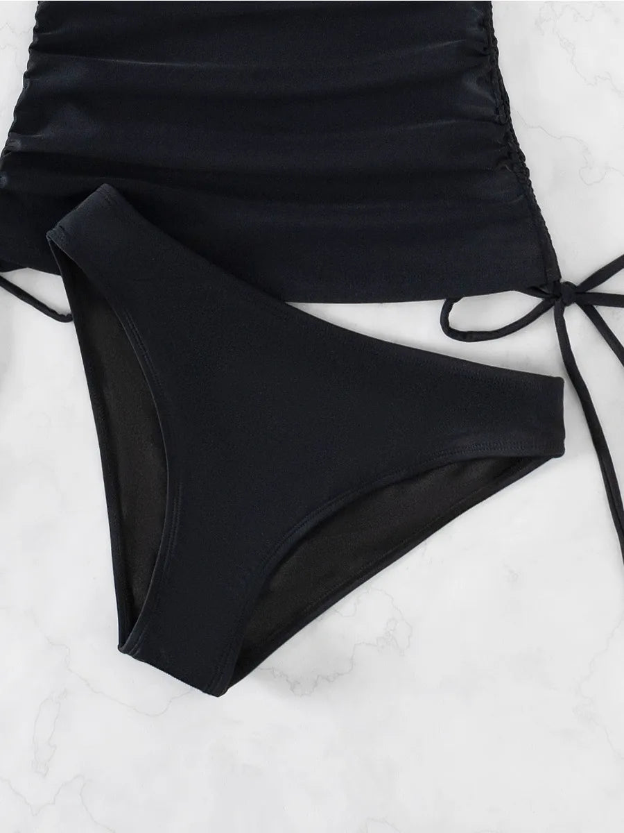 Tankini Solid Color Swimsuit Women High Waist V-neck 2 Piece Suspender Bikini Bathing Suit Lace-up Backless Swimwear 2025 New