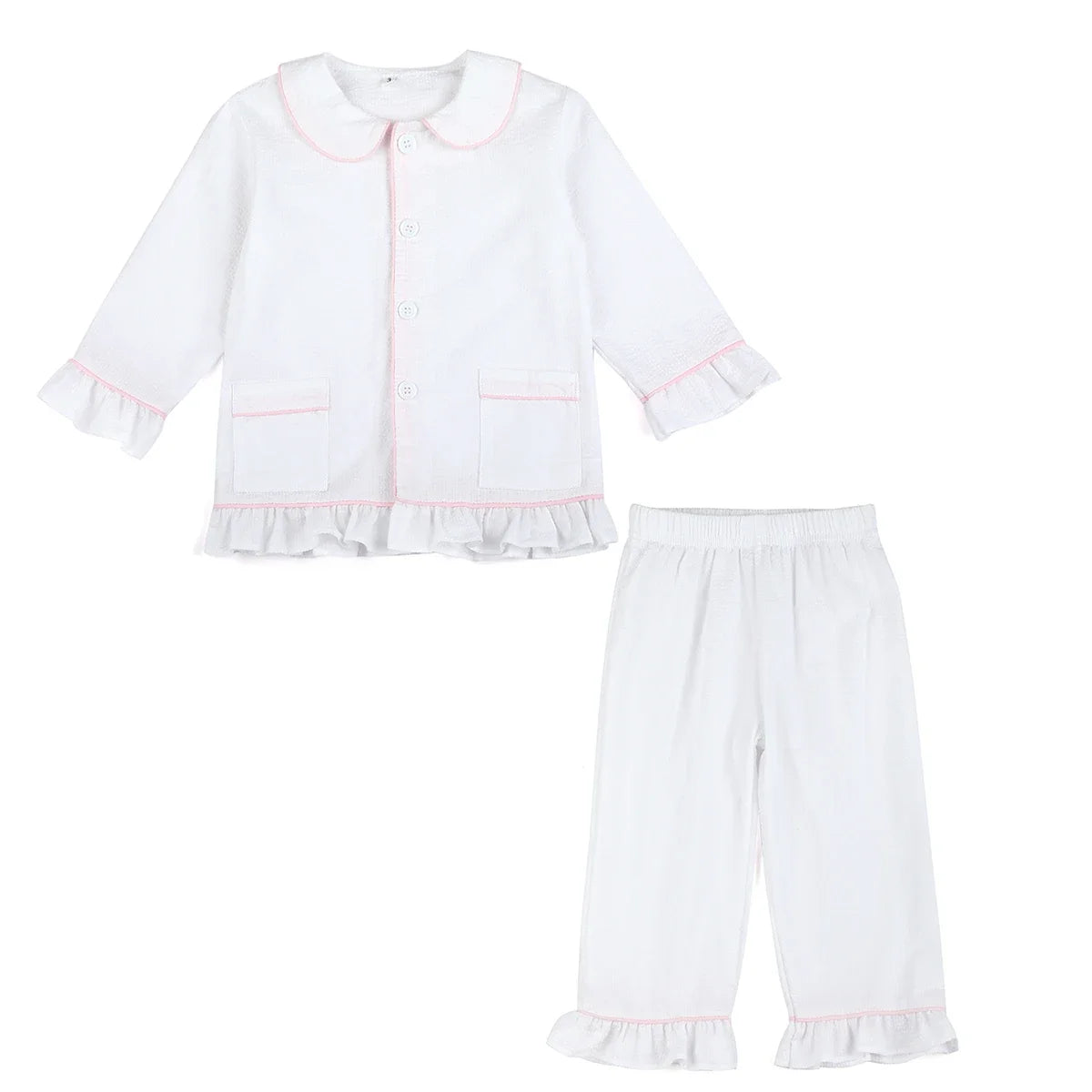 Ruffkids 100% Cotton Summer Kids Pajamas Sleepwear Seersucker Striped Matching Pjs Boys Clothes Loungewear Girls Pyjamas Set