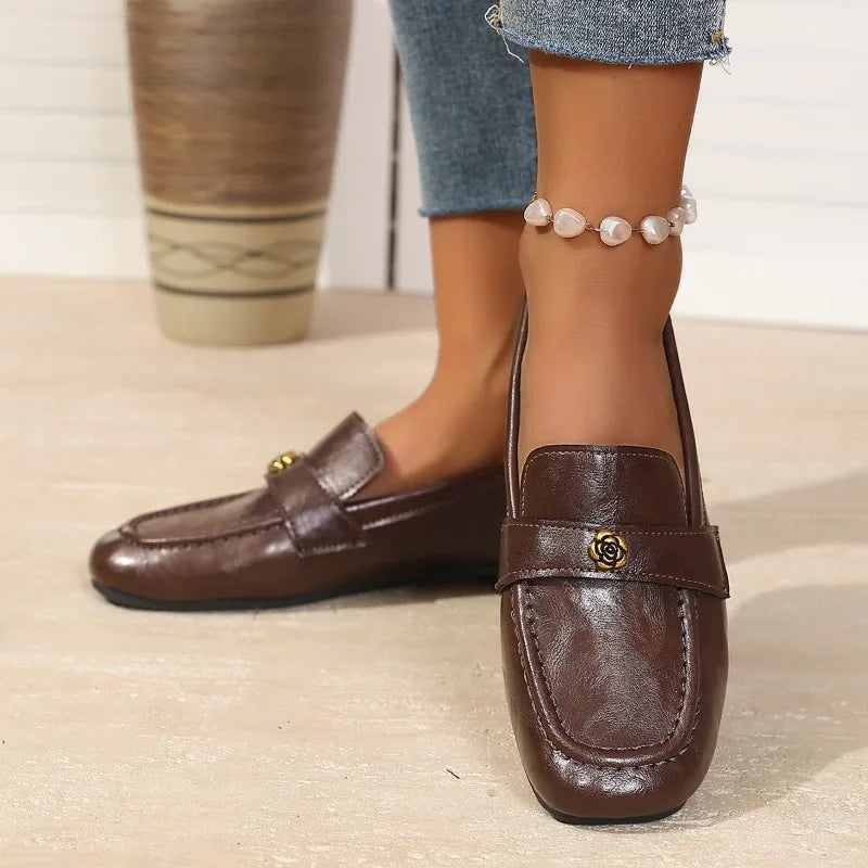 Women's Leather Flat Loafers with Gold-Tone Flower Accessory Round Apron Toe Low Block Heel Comfortable & Office Dress Shoes