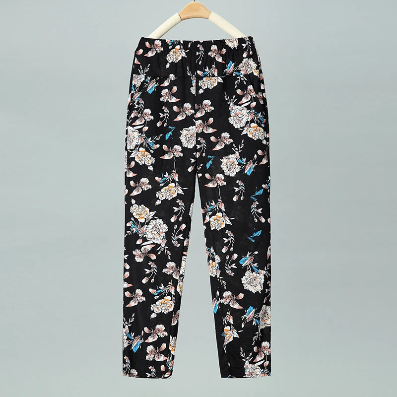 Summer Thin Nine Points Ice Silk Loose Straight Leg Pants High Waist Floral Design for Mom And andma Comfortable Casual Tro...