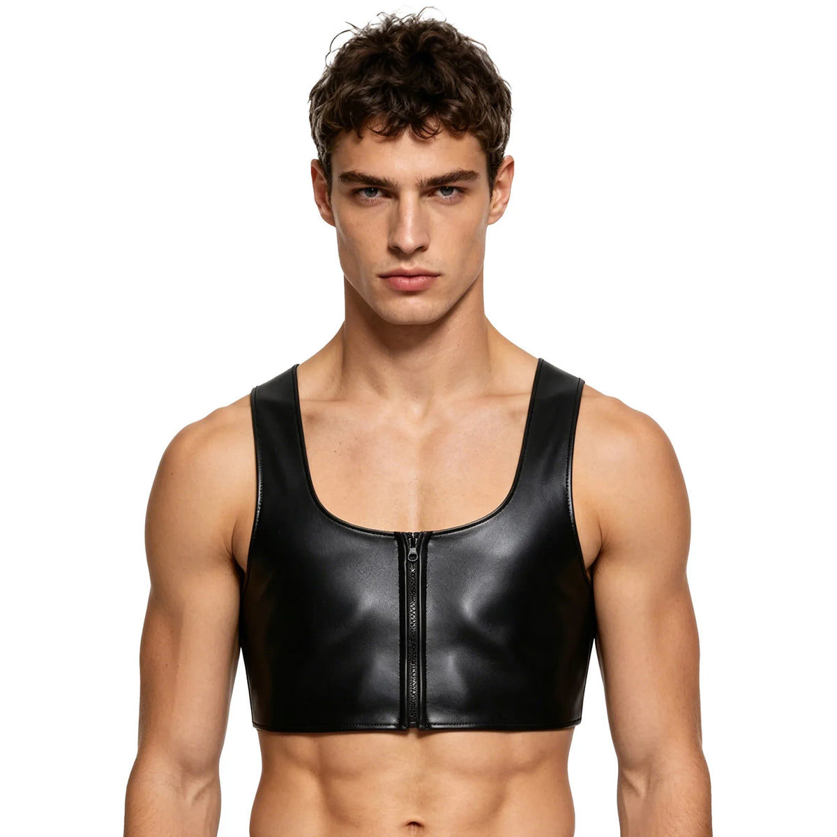 PU Leather Latex Vest for Men Casual Sleeveless Jacket Motorcycle Costume Low Square Neck Front Zipper Matte Outerwear Clubwear