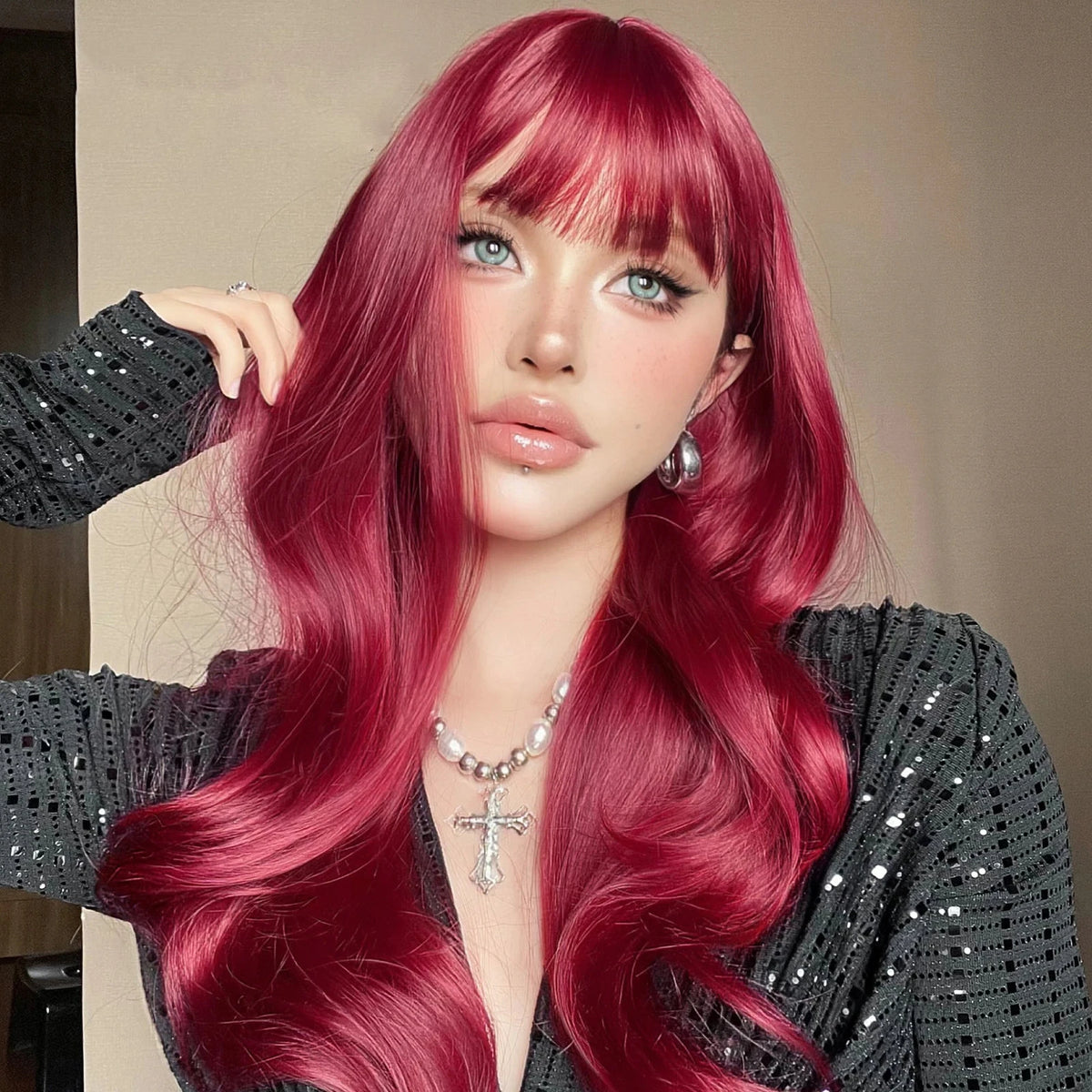 Wine Red Synthetic Wigs for Women Long Wavy Burgundy Red Hair Cosplay Wigs With Bangs Daily Halloween Heat Resistant Fake Hair