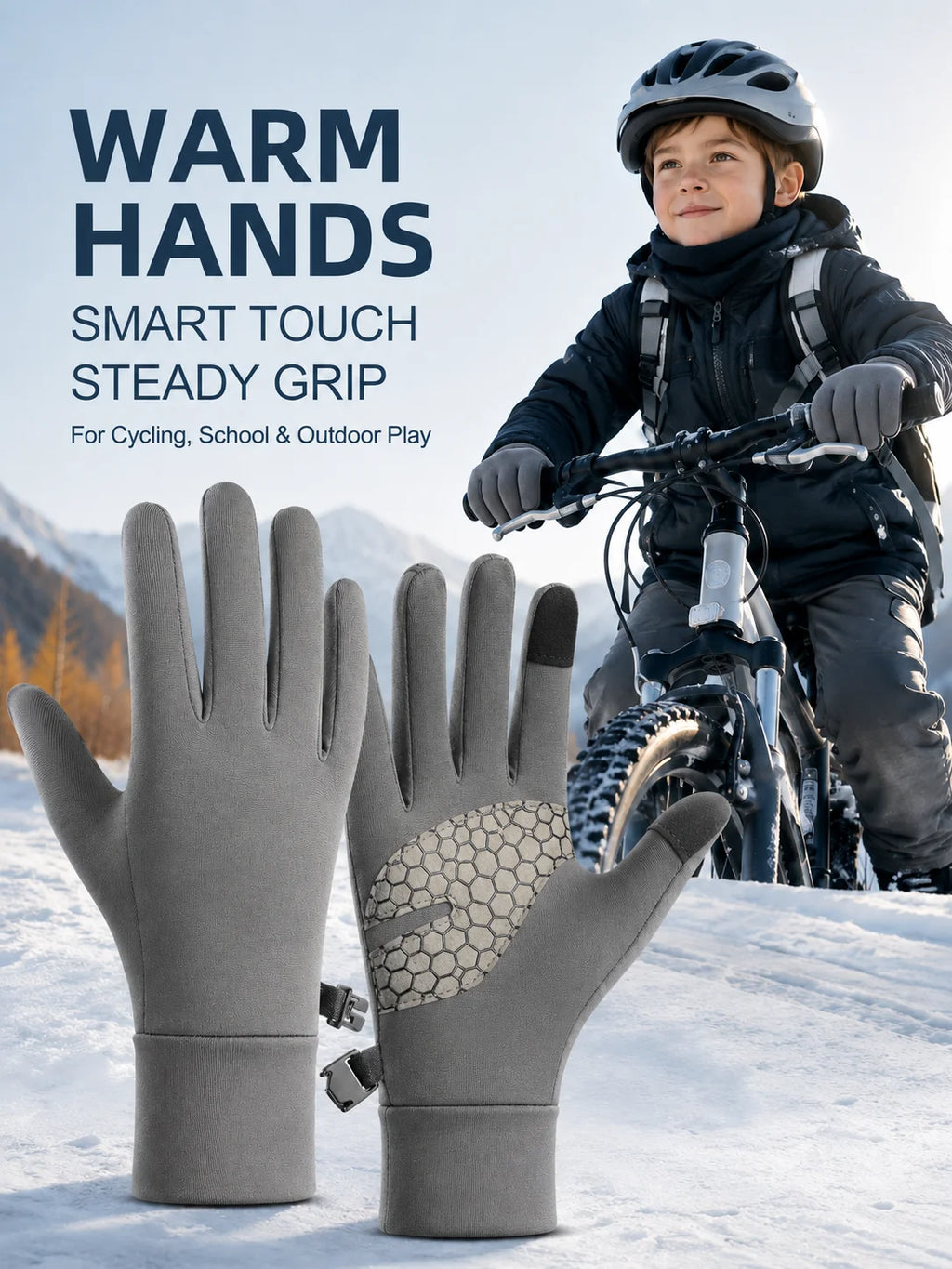 Kids Winter Touchscreen Gloves Warm Fleece Lined Anti Slip Silicone Palm Bike Gloves for Boys Girls Outdoor Cycling Sports