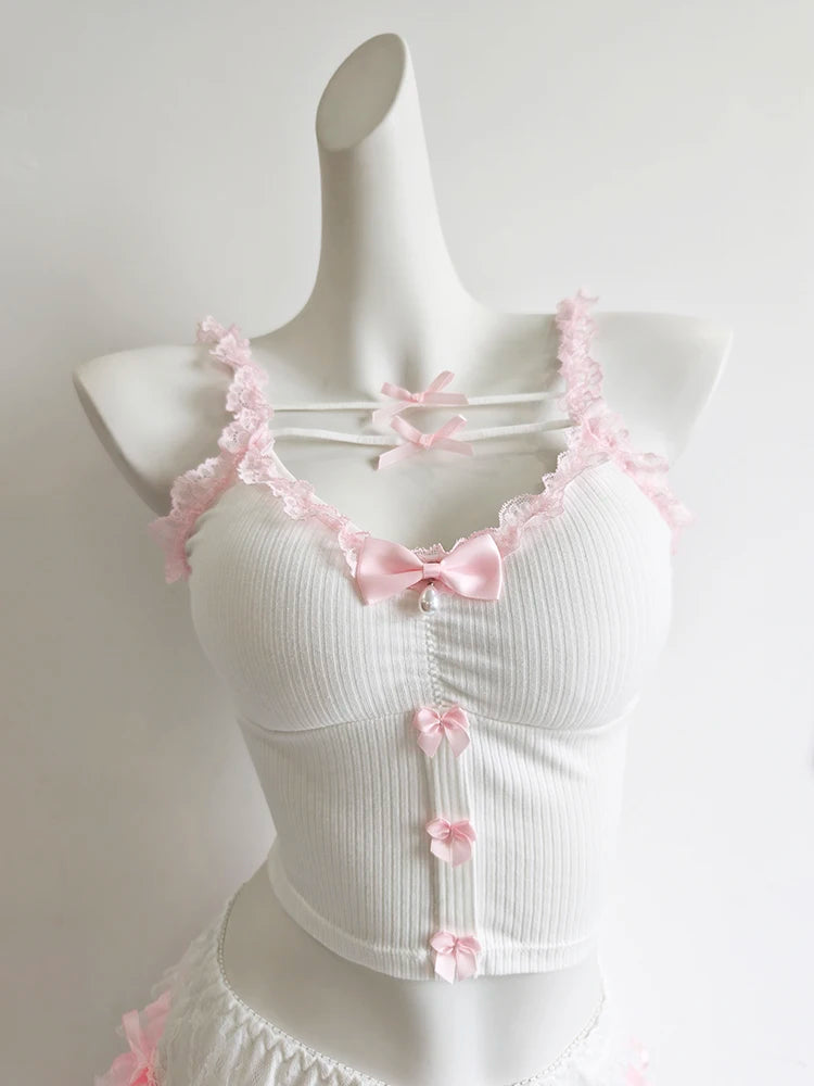 Pink Crop Top Women Summer Cute Y2k Tops Lace Trim Bows Decoration Slim Camis Sweet Girls Lolita Style Aesthetic Kawaii Clothes