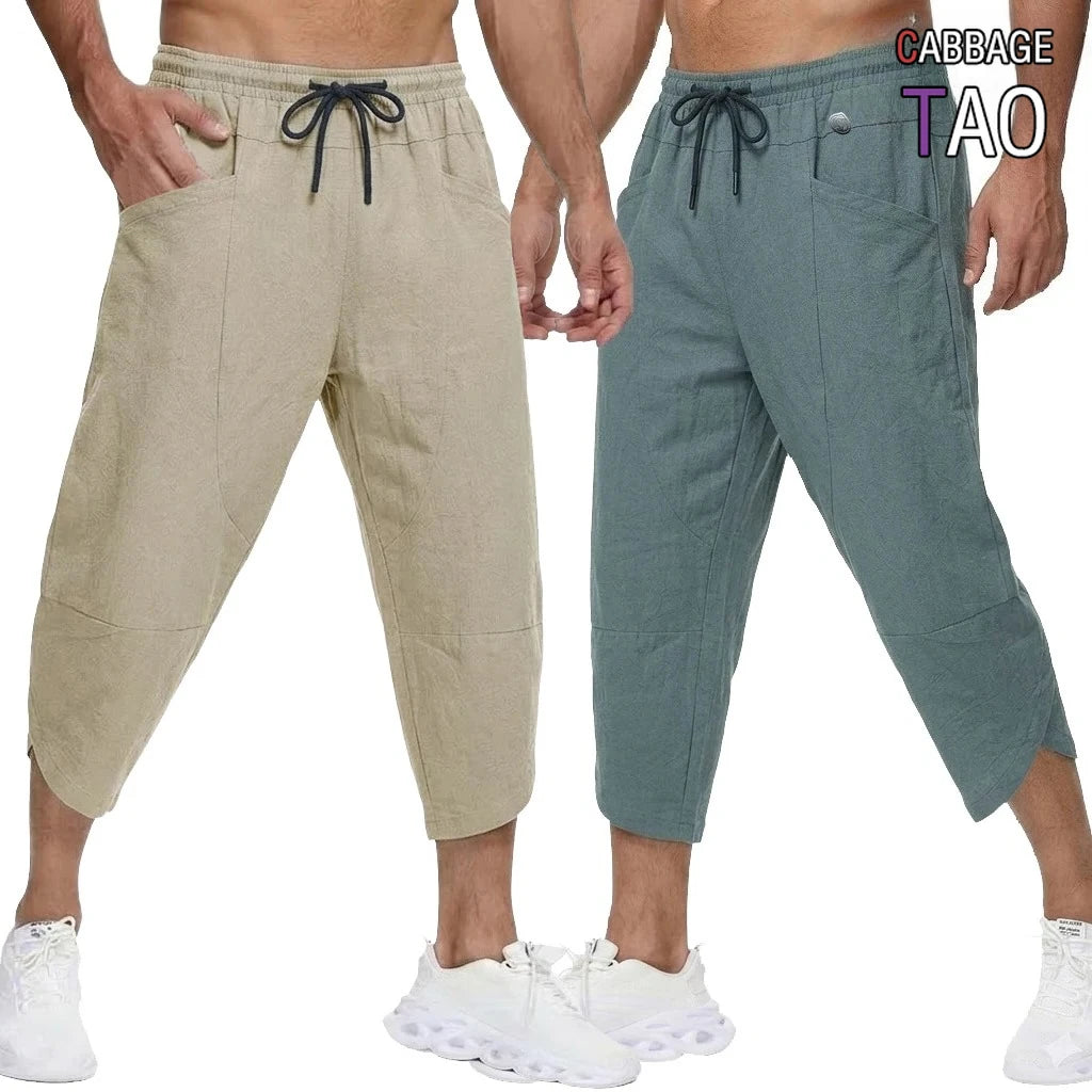 Mens Summer Linen Trousers Solid Color Casual Bottoms Breathable Loose Fit Pants and Lightweight Cotton Outdoor Hiking Trousers
