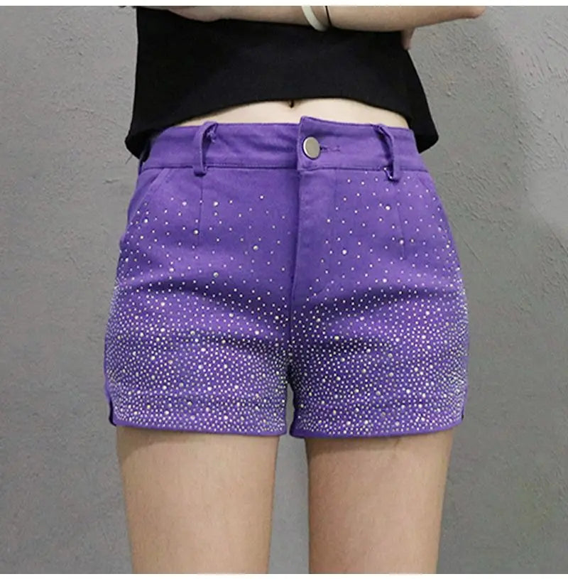 Women's High Waist iny Sequin Denim orts Summer New Sle Korean Version Slimming Elastic Wide Leg A-Line Hot Pants
