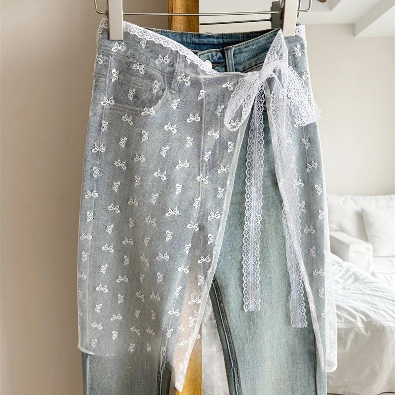 Spring Summer Lace-up Lace Side Half-body Skirt Short Fart Curtain Apron Girls Sweet Jeans Casual Pants Accessories Skirt