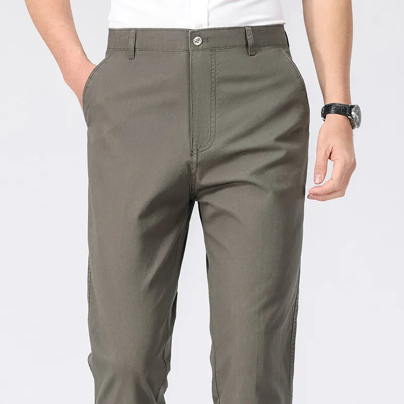 Spring Summer Cotton Suit Pants Men Solid Color Smart Casual Dress Trousers Man Lightweight Zipper Fly Straight Breathable Pants