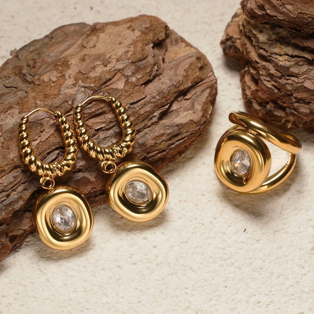 Women 2 Piece 18K Gold Plated Zircon Jewelry Set, Twisted Hoop Drop Earrings And Open Ring, Waterproof Stainless Steel