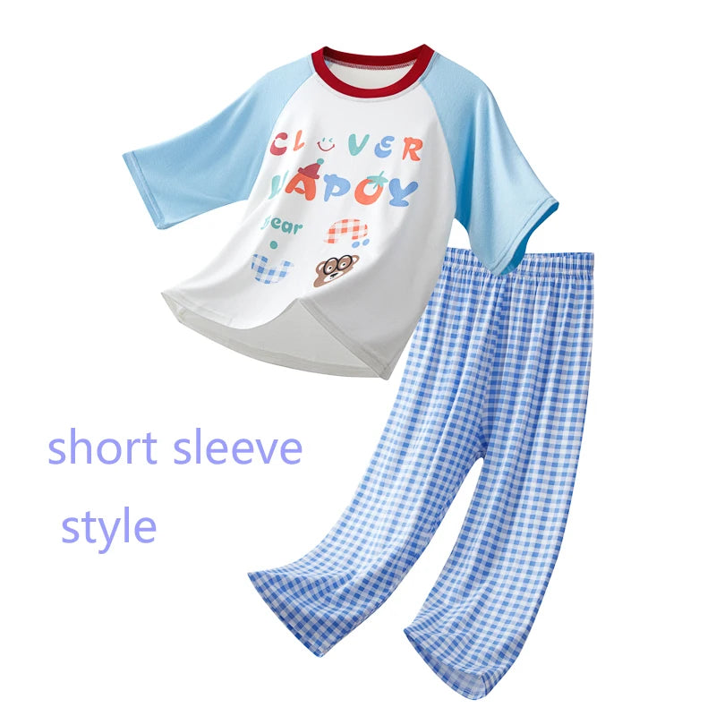 Kids Modal Pajamas Set, Short Sleeve Long Pants Cartoon Loungewear, Breathable Cool Soft Sleepwear For Boys Girls