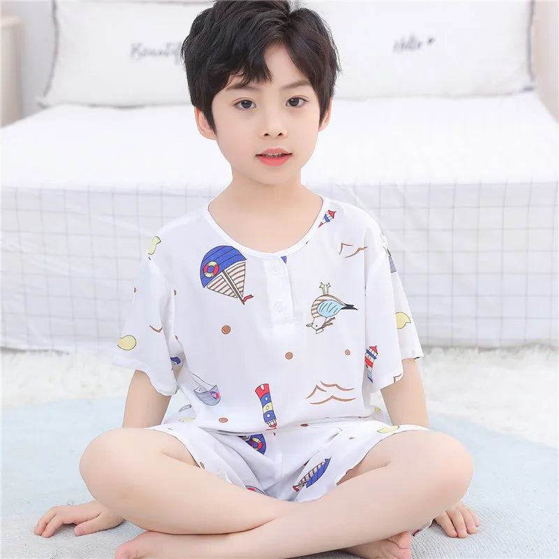Kids Boys Girls Pajamas New 2023 Summer Thin Cute Cartoon Short Sleeve O-Neck Casual Tops with Shorts Baby Sleeping Clothing Set