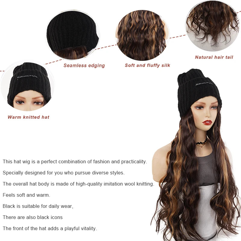 Synthetic Hat Wig for Women Girls, 22 Inch Long Wavy Integrated Wig with Black Knit Beanie Hat, Winter Daily Wear Hair Accessory