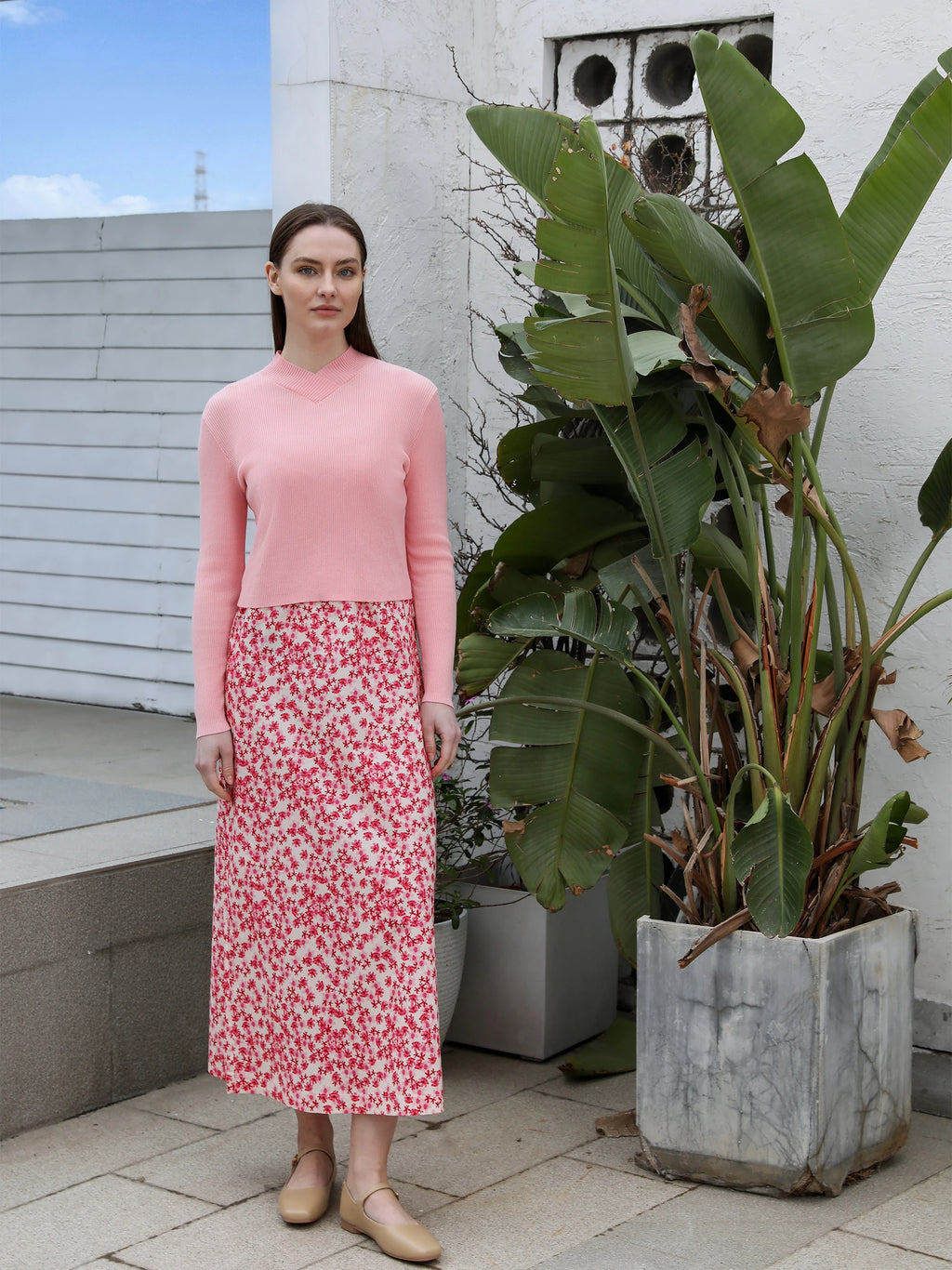 AP 2025 Spring and Summer Women Pink Pattern Satin Slip Dress Knitting V-neck Sweater Sweet Style Clothing