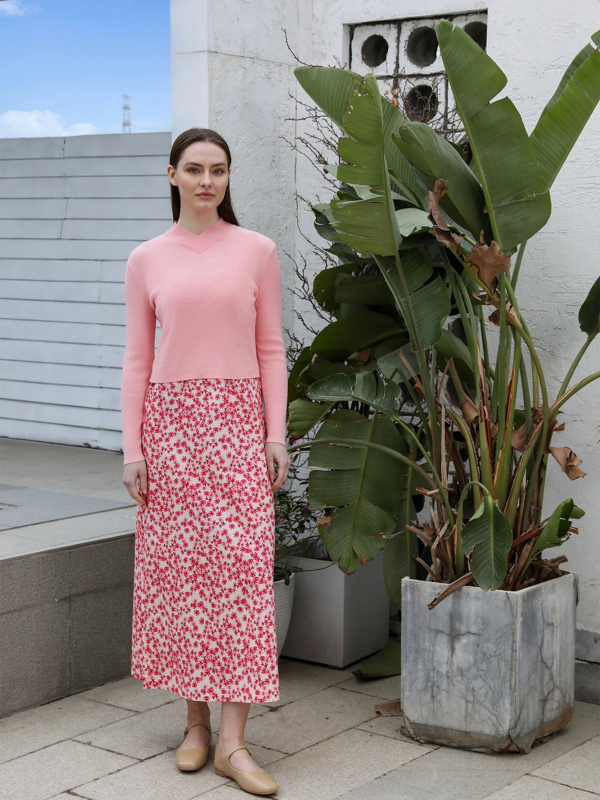 AP 2025 Spring and Summer Women Pink Pattern Satin Slip Dress Knitting V-neck Sweater Sweet Style Clothing