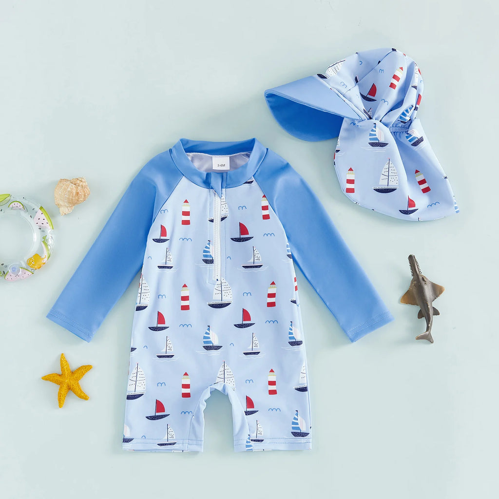 0-5Years Toddler Kids Boys Swimsuit Set Sailboat/Shark Print Crew Neck Long Sleeve Upper Zipper Rash Guard Swimwear and Sun Hat