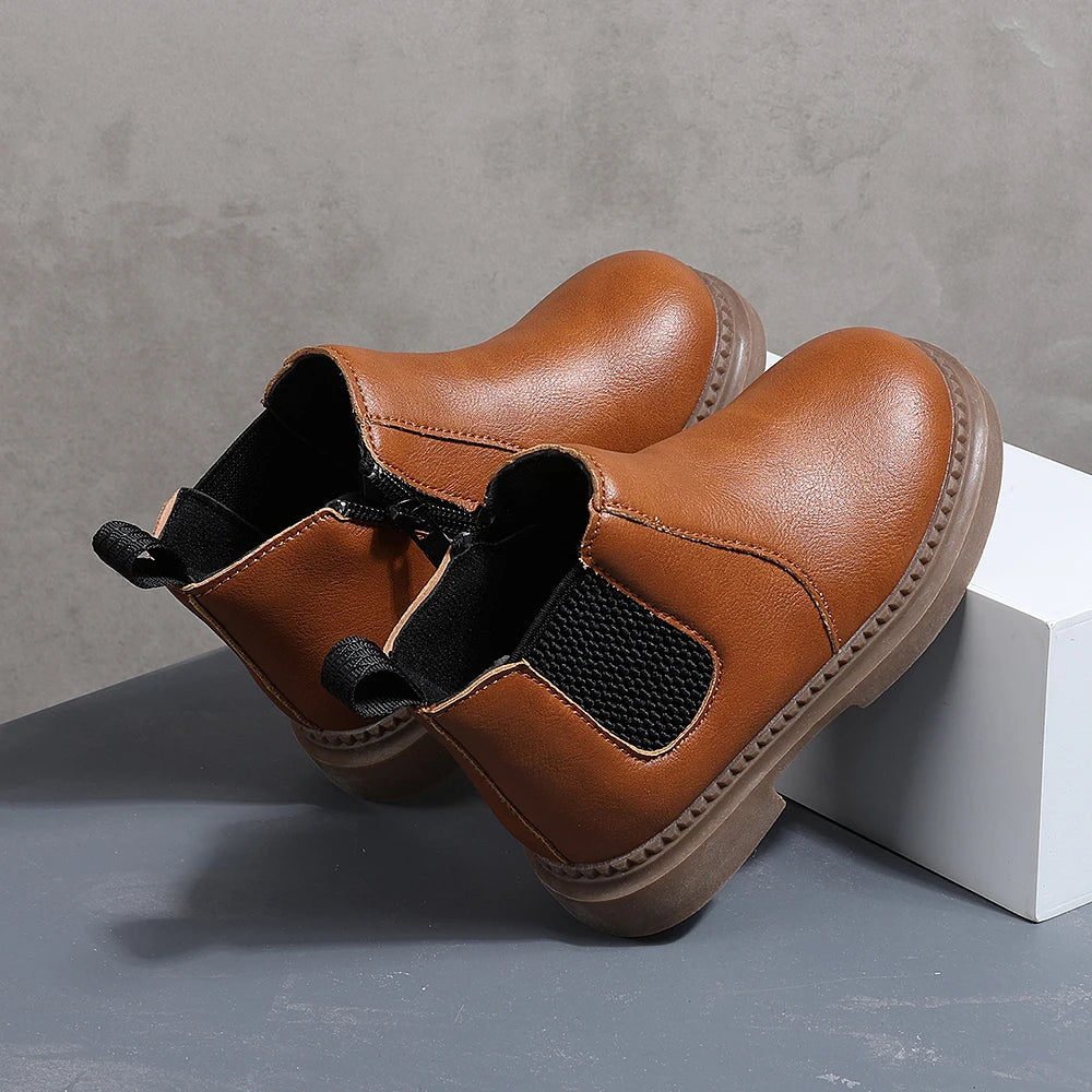 COMFY KIDS Toddler Brown Leather Chelsea Ankle Boots, Soft Cushioned Non-Slip Rubber Sole Boys Girls Zipper Short Boots, Autumn