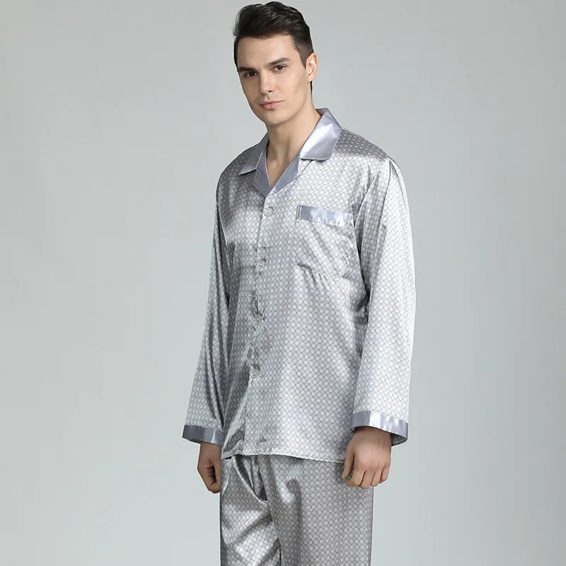 Pajamas Set Men's Home Clothes Long Sleeve Shirt&pants Male Satin Print Nightwear Casual Trousers Suit Spring Summer Loungewear