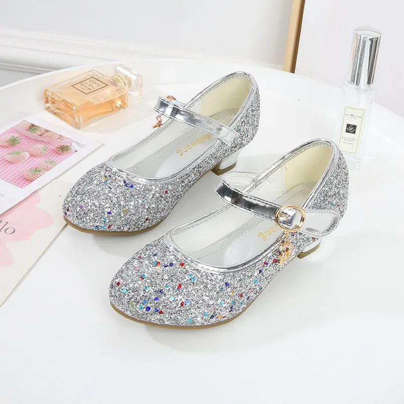 ULKNN Kids High Heel Shoes Girls Leather Shoes Flower Casual Pink Glitter Children 2026 Girls Shoes Butterfly Knot size 26-38