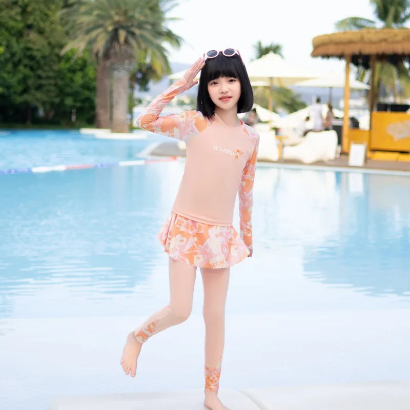 New Girls Fashion Swimsuit Sets Kids Long Sleeve Letter Top + Pants + Skirt 3Pcs for Kids 5-12 Years Split Swimming Clothes