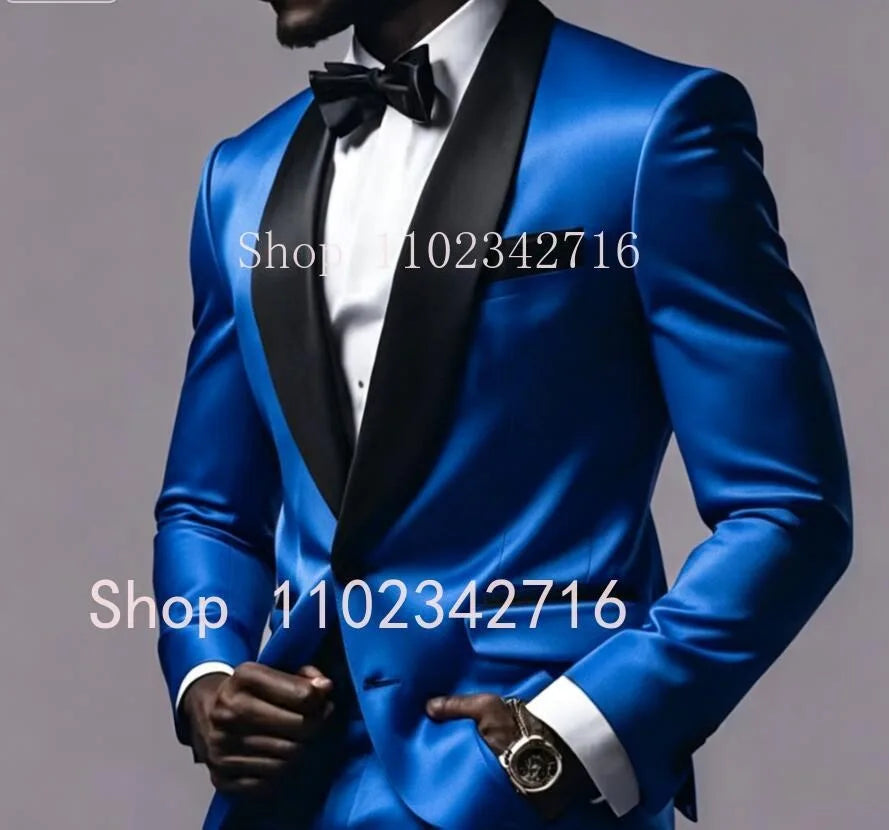 New Luxury Red Satin Men Suits 2025 Shawl Lapel Single Breasted Wedding Blazer 2 Piece Jacket Pants Formal Prom Party Suit Male