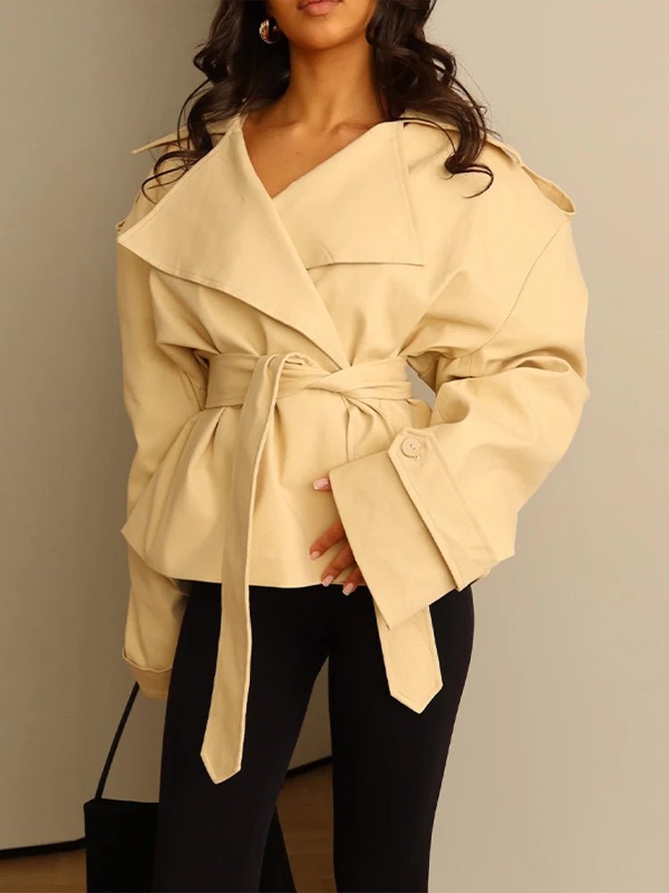Elegant Lapel Lace Up Women's Windbreaker Solid Loose Full Sleeve Belt Double Breasted Coats Female 2026 Spring Female Jackets