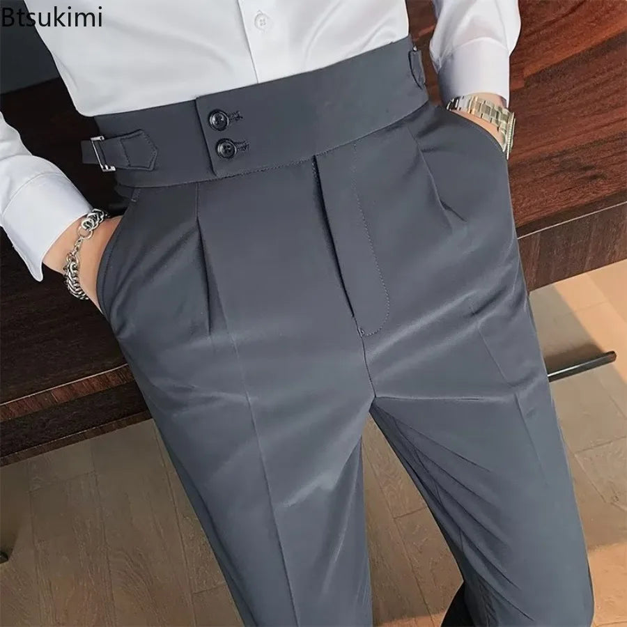 New 2026 Men's Solid Color Suit Trousers Classic Button Single Pleat Slims Pants for Men Silhouette Business Casual Pants Male