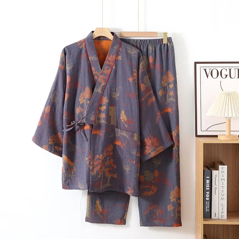 Autumn Kimono Men's Spring Robes with Long Pants Pajamas Set Home Clothes Cotton Loose Pijama Masculino Clothes