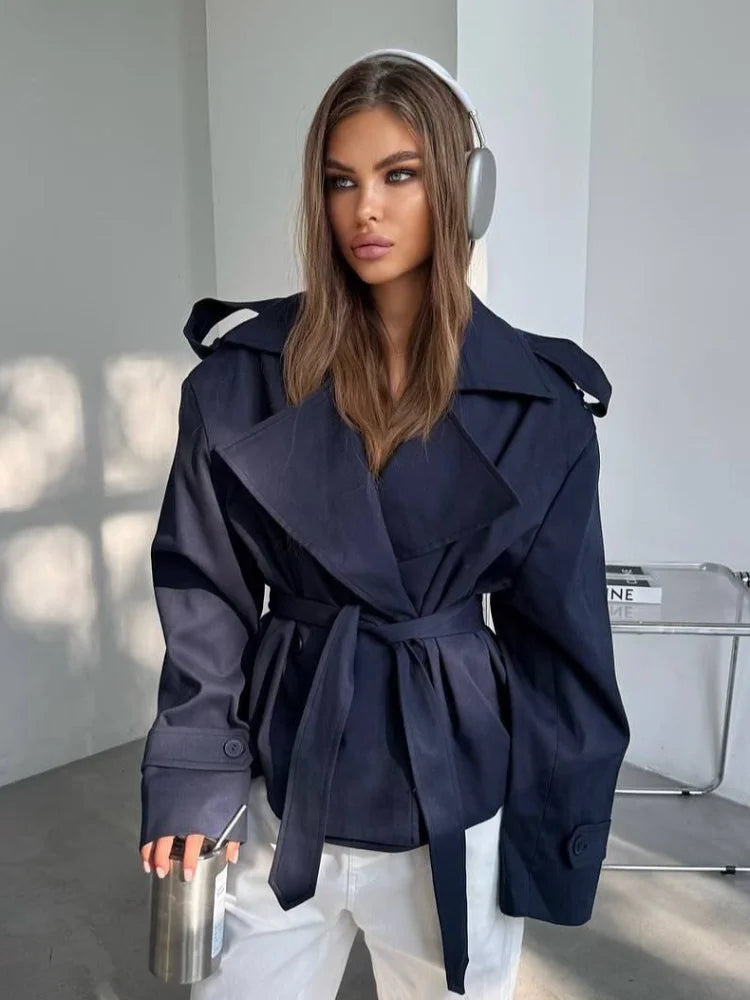 Fashion Lace up Cropped Trench Coat Women Lapel Long Sleeves Wide Shoulder Windbreaker Jacket Fall Commuting Daily Jackets 2026