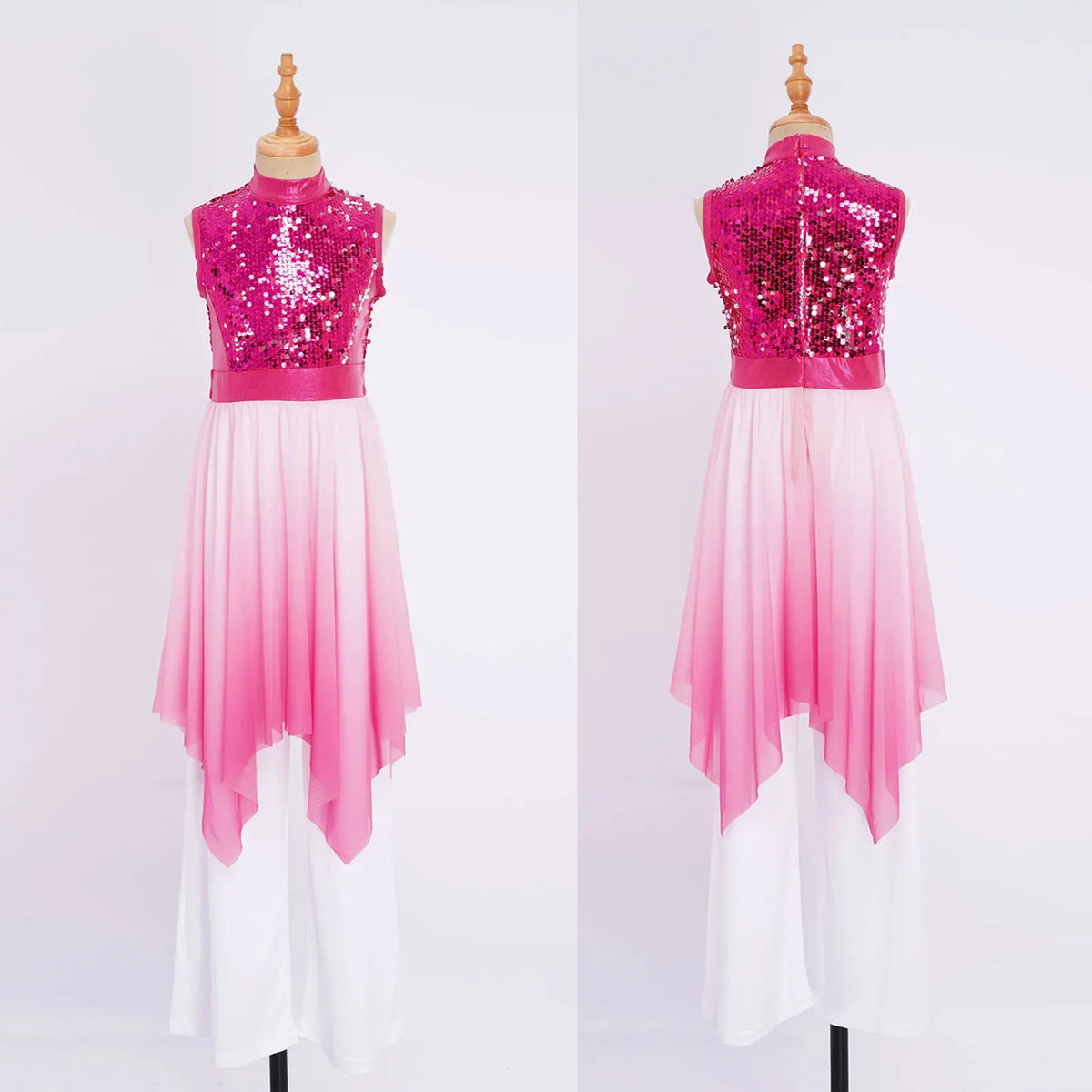 Kids Girls Liturgical Dance Outfits Sleeveless Asymmetrical Hem Contrast Color Dress Sequin Bodice Tunic with Wide-Leg Pants Set