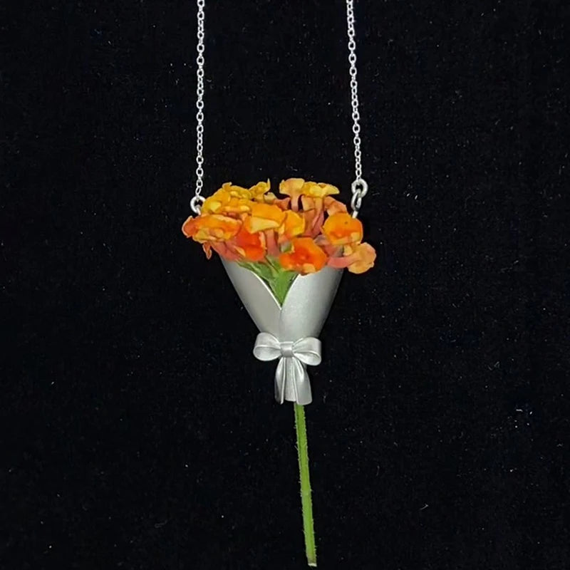 Trendy Fashion Jewelry for Women, Small Flower Bouquet Pendant Clavicle Choker