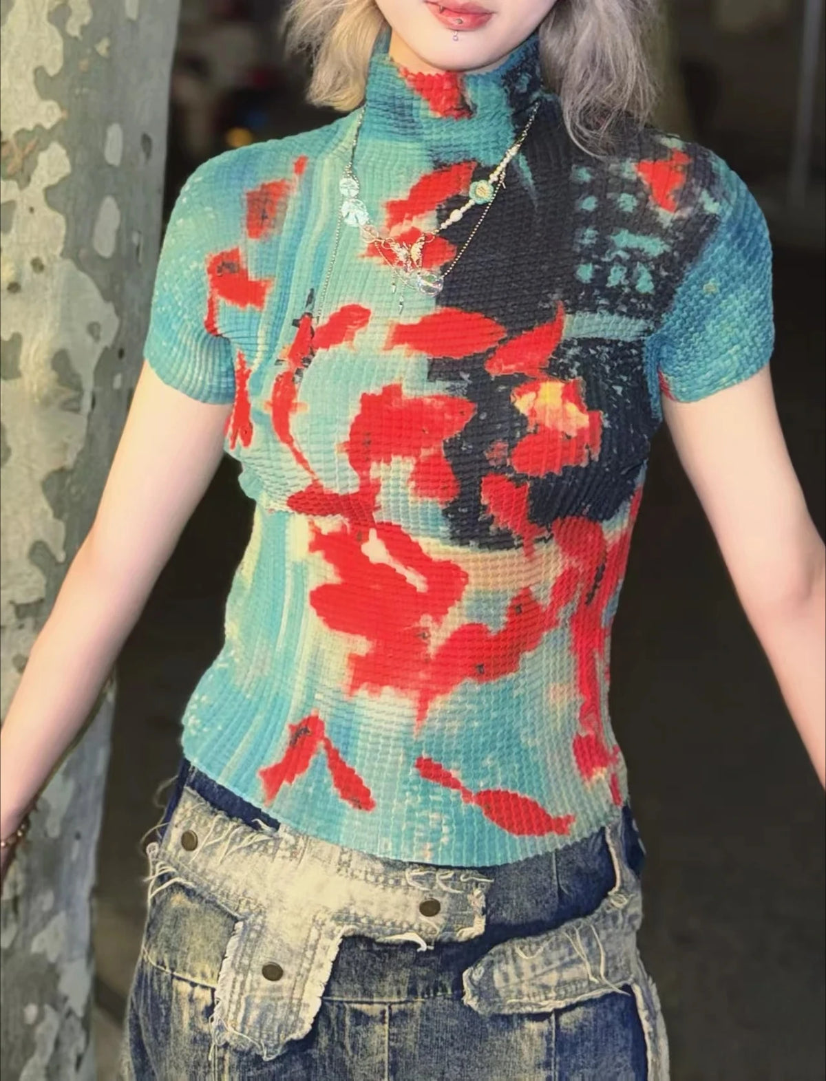 Summer Y2k 2000s Retro Pattern Print Womens T-shirts Half High Neck High Elastic Slim Fit Thin Casual Korean Daily Blouse Tops