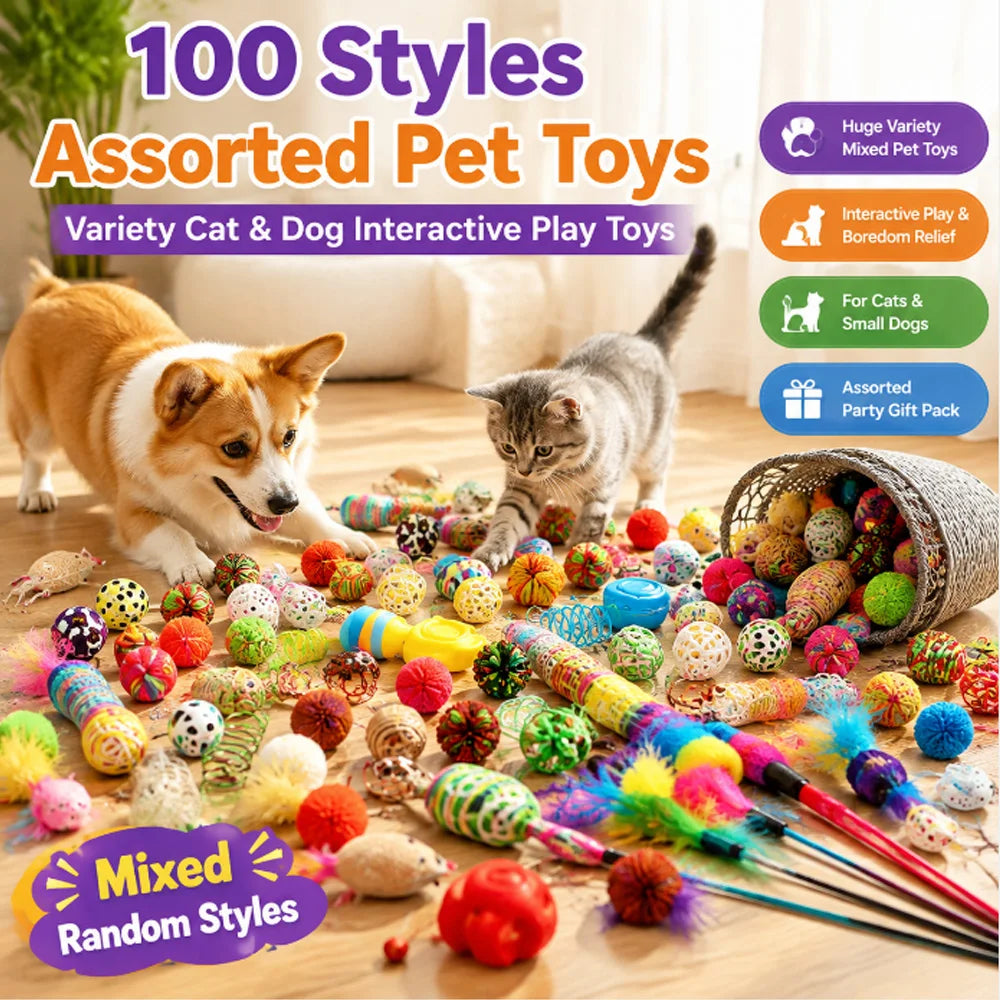 100 Styles Mixed Pet Toy Set, Random Assorted Interactive Cat & Dog Toys, Variety Chew Squeaky Play Toys for Small Pets