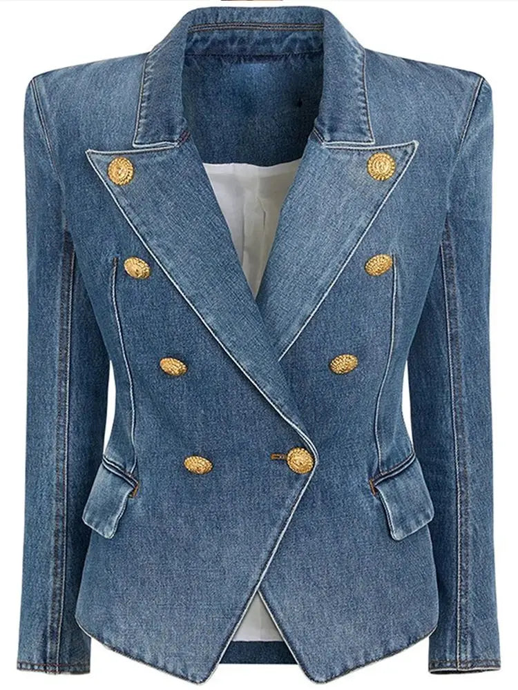 HIGH STREET Newest 2026 Designer Runway Blazer Women's Slim Fitting Double Breasted Lion Buttons Denim Jacket Mini Skirt
