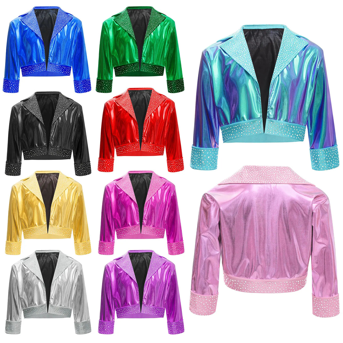 Kids Girls Shiny Rhinestones Metallic Jacket Hip Hop Jazz Dance Top Outerwear Long Sleeve Disco Stage Performance Streetwear