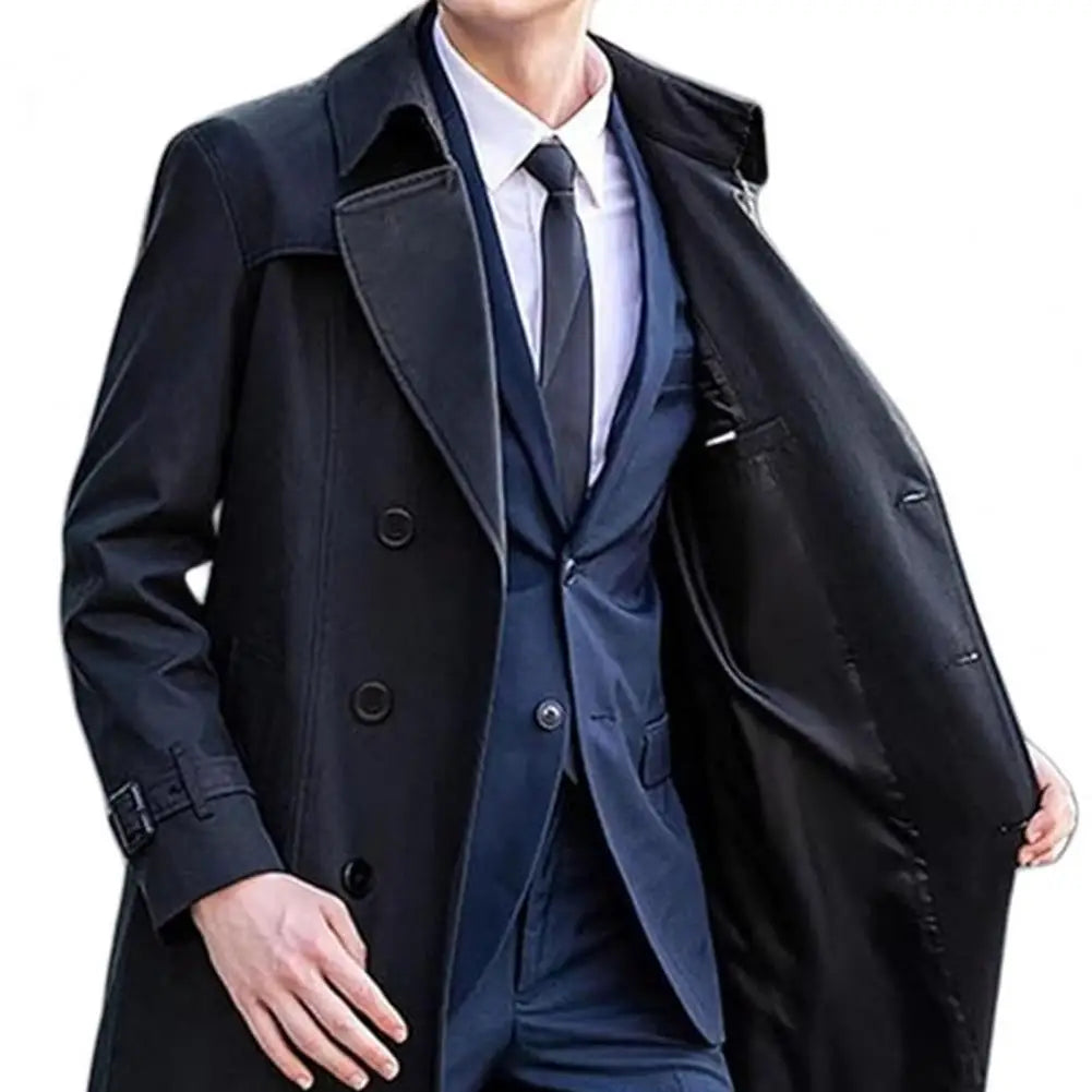 Men Windbreaker Coat Lapel Long Sleeve Double Breasted Mid-Length Trench Solid Color Casual Business Outerwear