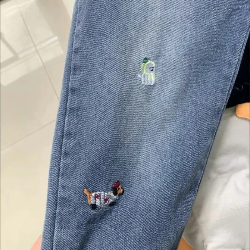 2025 Autumn Kids Pants Cartoon Embroidery Boys Loose Jeans Soft Casual Denim Trousers Children Outwear Girls Pants For 2-7 Years