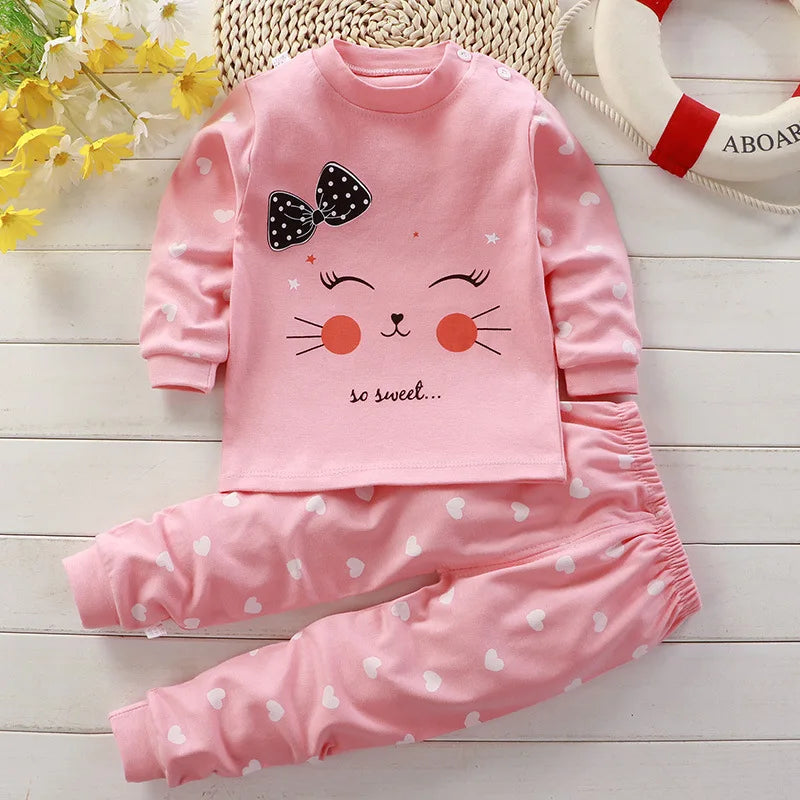 Baby Girl Home Clothes Pajamas Long Pants T-shirt Cartoon Underwear 2-Piece Cartoon Cat Pattern Girls Clothes Suit 0 to 6 Years