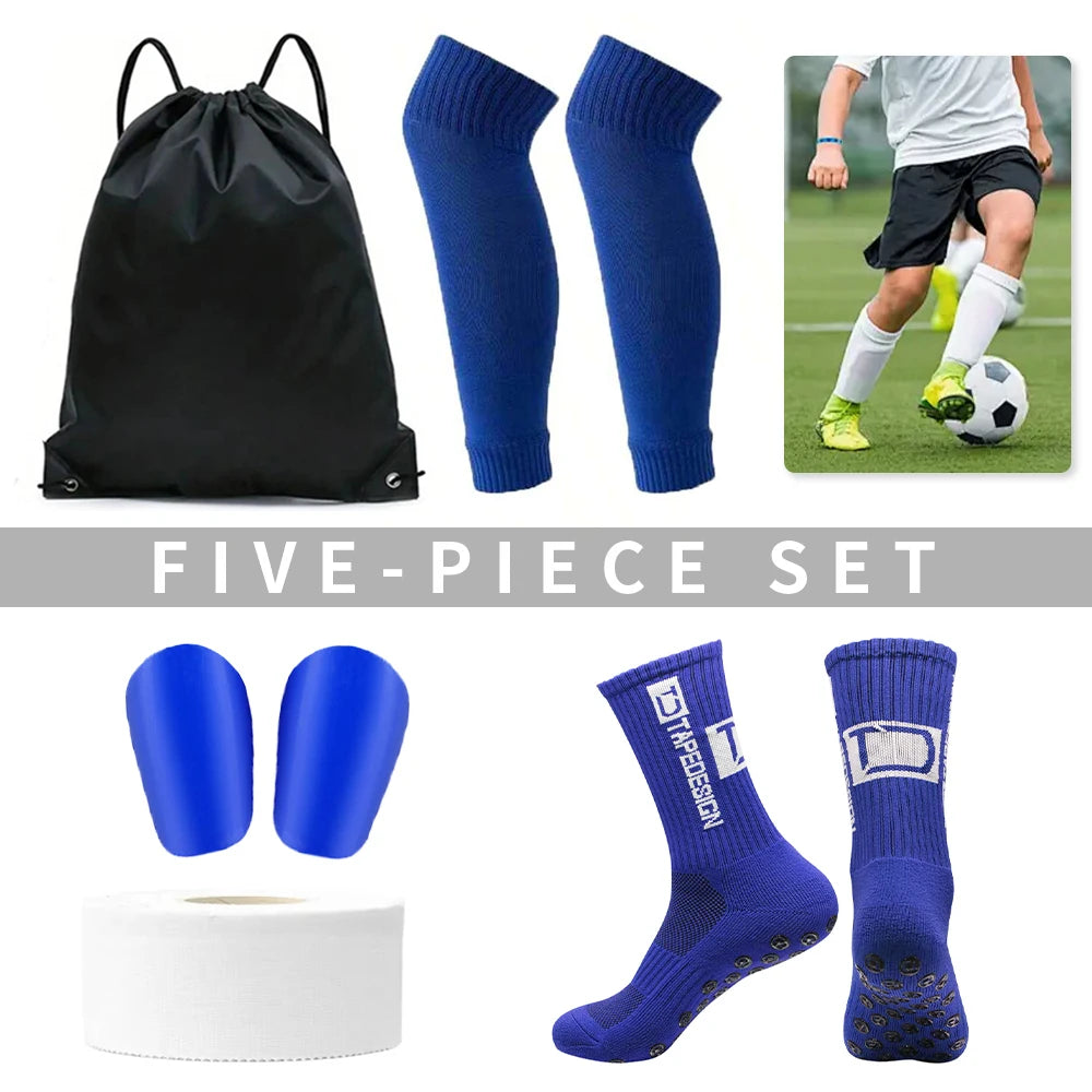 5 Pcs Football Equipment Set Men Women Sports Socks Compression Socks Sports Tape Mini Shin Pads Ball Bag Protective Gear