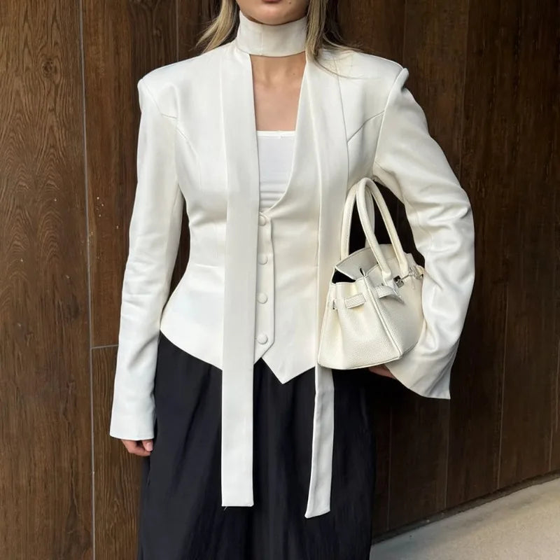 Talenza Female Fashion Blazer New Solid V-Neck Scarf Ribbon Long Sleeve Slim Blazer Elegant Luxury Chic Party Women Blazer Coats