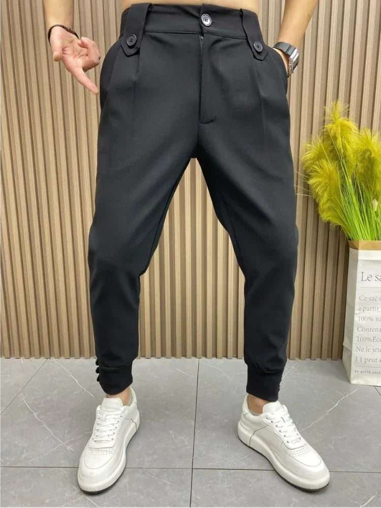 Slim Fit Plus Big Size Tressed Men's Summer Pants 9 Cropped Male Suit Trousers Korean Style Clothes Slacks 2025 Formal Luxury