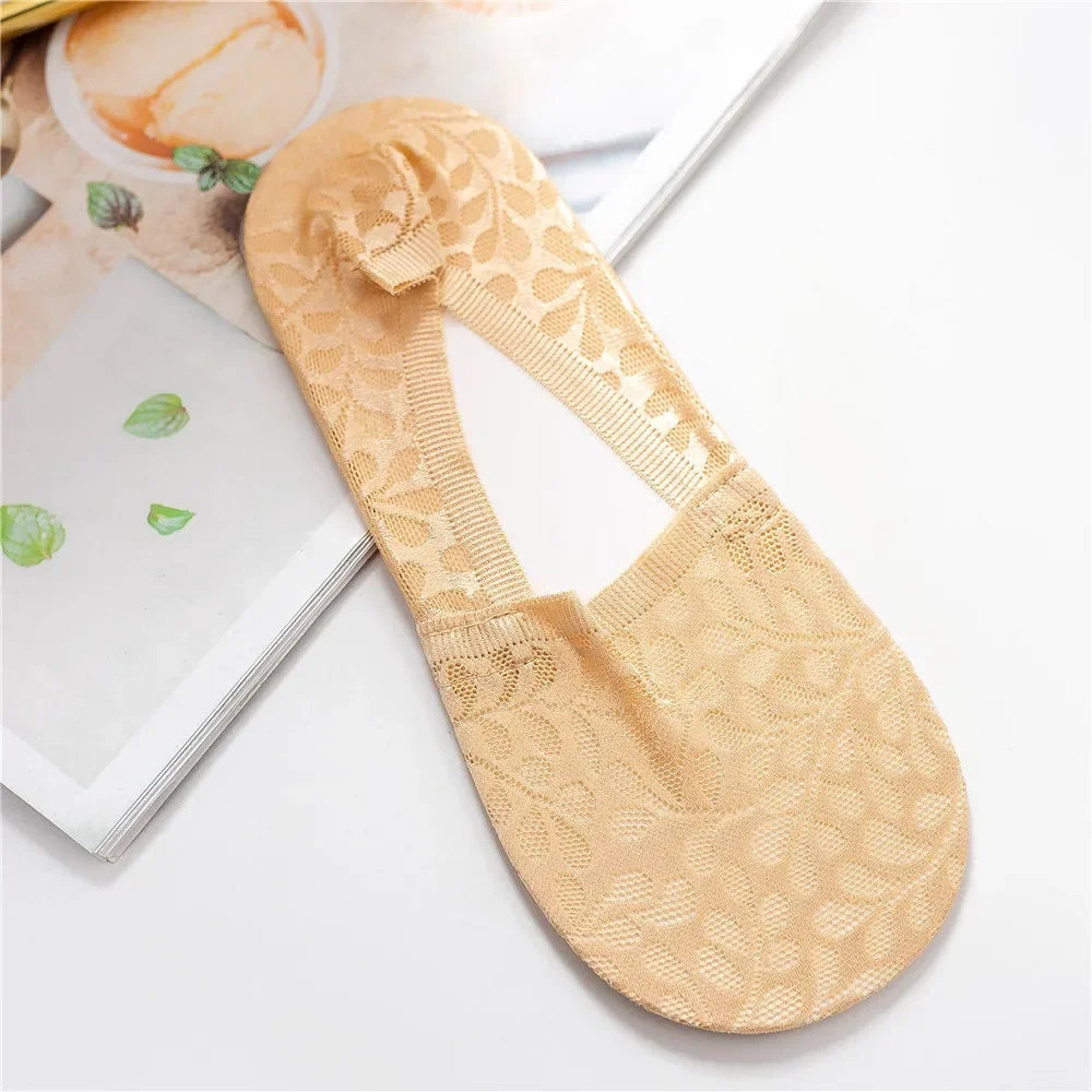 Women Invisible No Show Socks Hollow Out Mesh Lace Sock Slippers Socks Silicone Non-slip Summer Low Cut Ankle Boat Socks Women