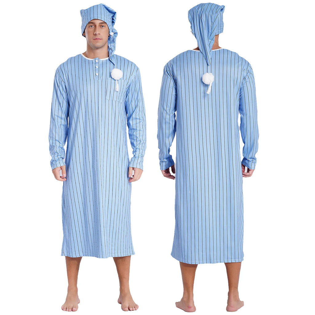 Mens Arabian Muslim Pajamas Adjustable Sleep Hat Robe with Hat Long Sleeve Long Robe And Pompom Cosplay Outfits Sissy Nightwear