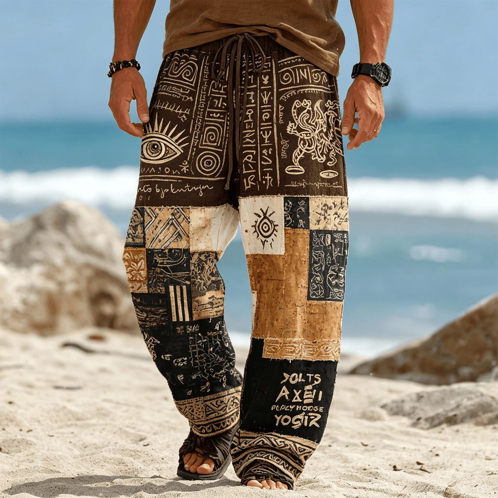 Men's Ethnic Tribal Patchwork Print Drawstring Pants, Casual Boho Trousers for Summer Beach & Vacation