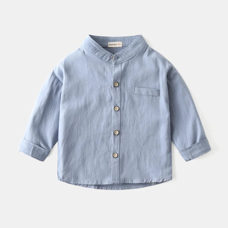 Kids Solid Color Shirts 100 Cotton Long‑Sleeve Stand Collar Loose Fit Tops For 1‑6Y Toddler Boy Girls Kindergarten Spring Outfit