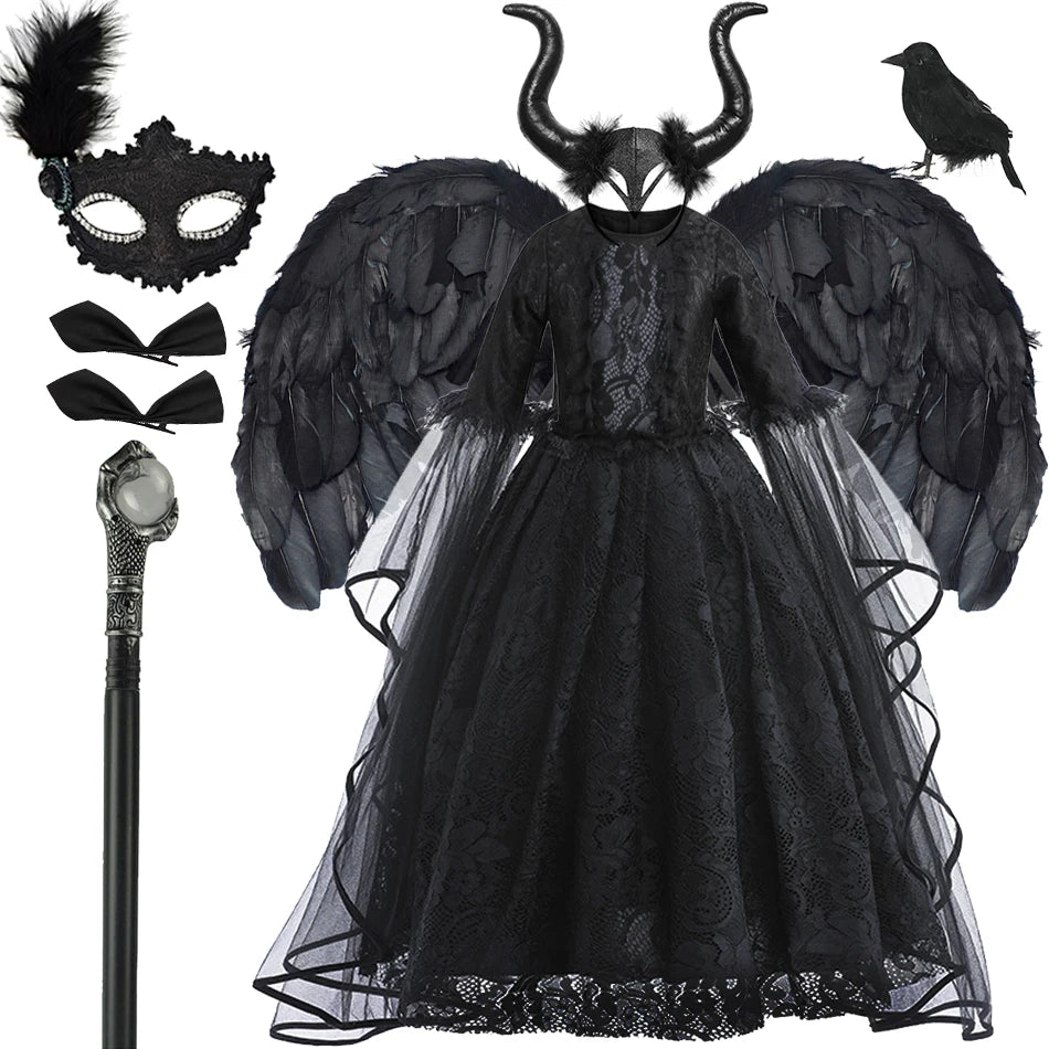 Kids Halloween Costumes Witch Dress Dark Theme Girls Party Dresses Children Lace Sleeves Evil Queen Luxury Carnival Gown